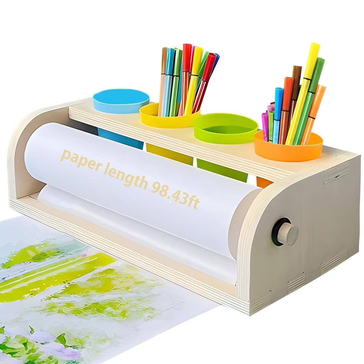 XDONEF wooden paper roll dispenser front view, sturdy birch construction for safe kids' art sessions.