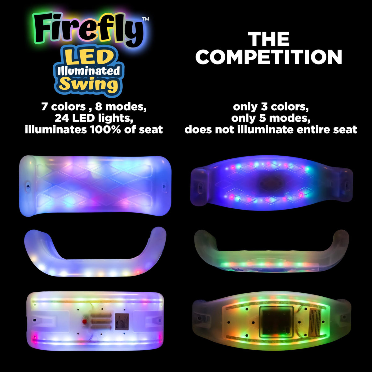 XDP Recreation Firefly LED light-up swing seat showing seven modes and eight colors