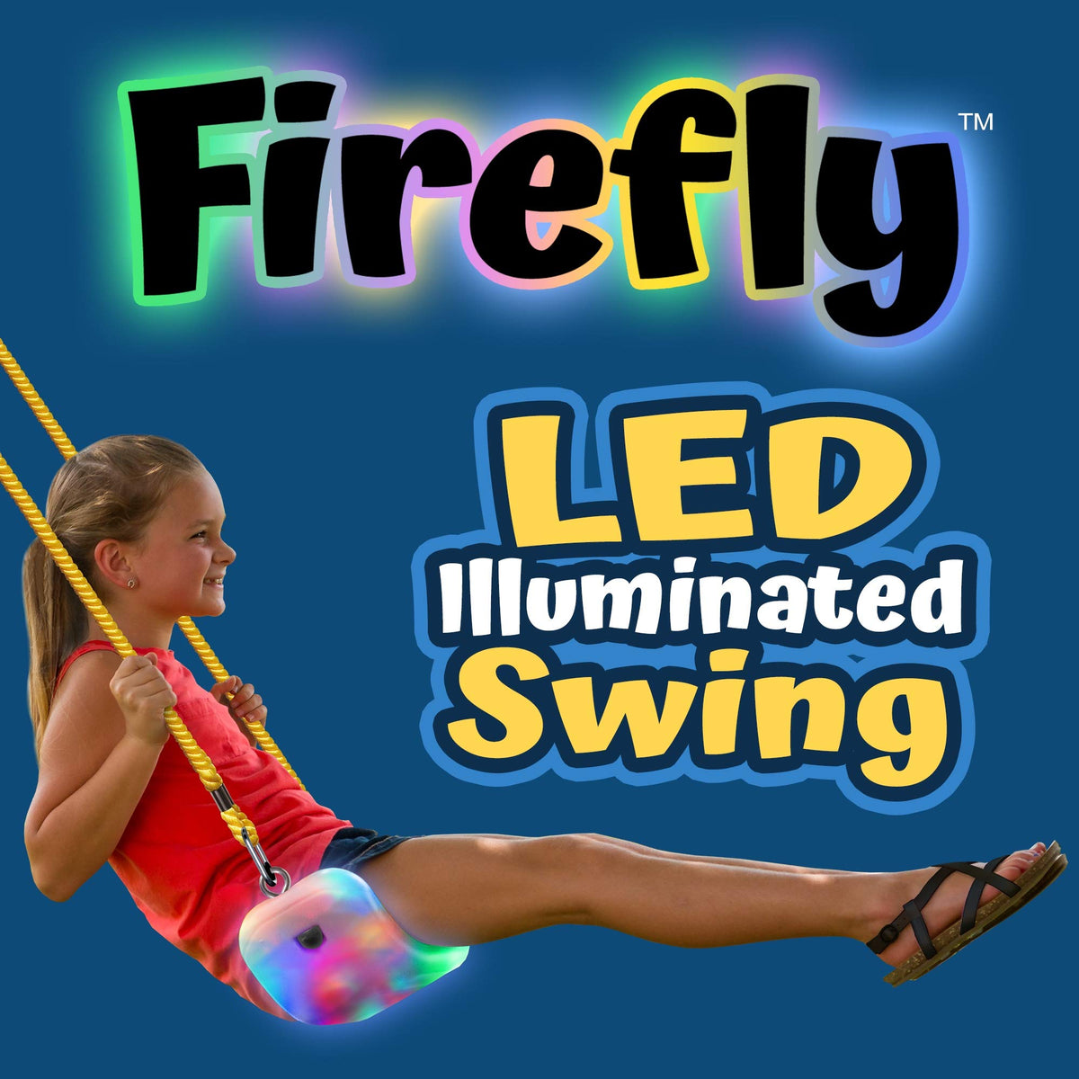 XDP Recreation Firefly LED light-up swing seat at dusk provides ambient color glow