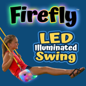 XDP Recreation Firefly LED light-up swing seat at dusk provides ambient color glow