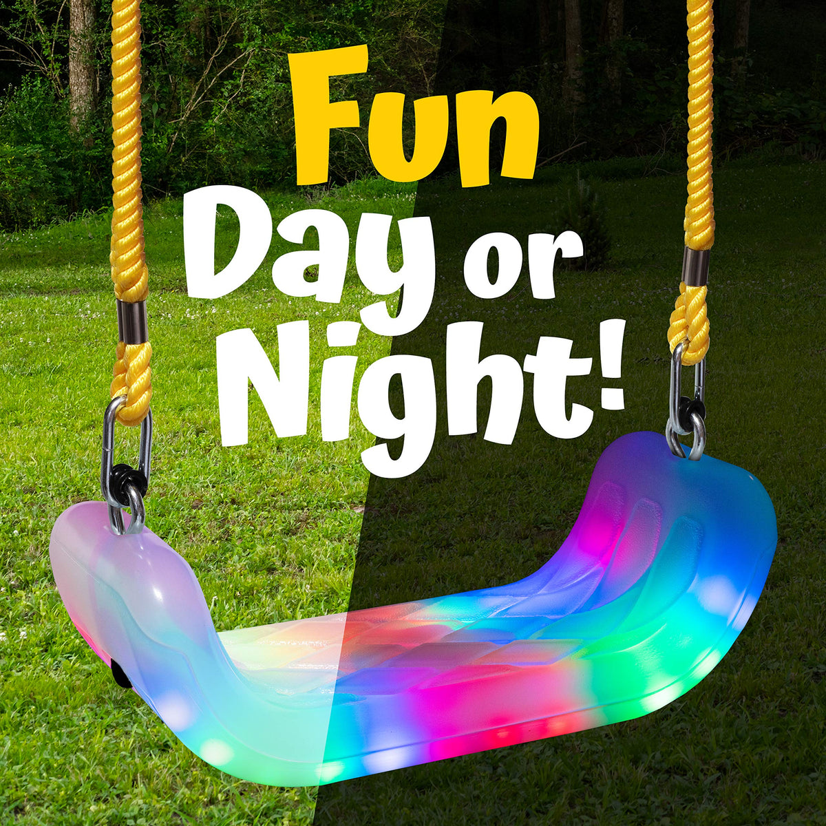 XDP Recreation Firefly LED light-up swing seat in use on a tree branch for outdoor fun