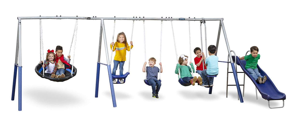 XDP Recreation Fun Forever swing set assembled in a sunny backyard for active kids