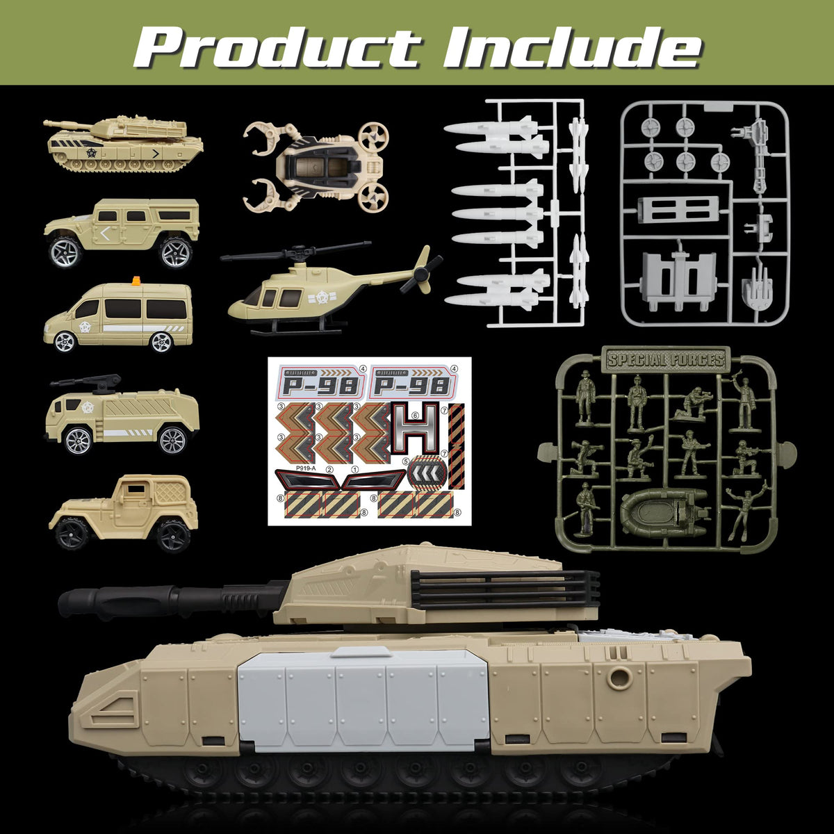 XDUOYJOY army vehicles set including trucks and helicopter for cooperative play