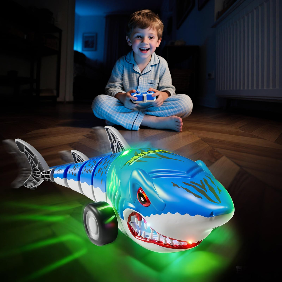 Xelabrion durable ABS plastic shark car built to withstand rough play.