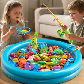 Xelabrion kids playing magnetic fishing game at pool or table