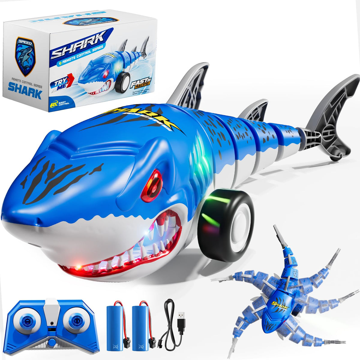 Xelabrion RC shark car with LED lights for dramatic night play.