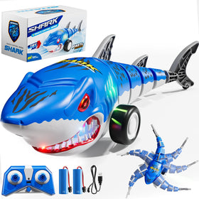 Xelabrion RC shark car with LED lights for dramatic night play.