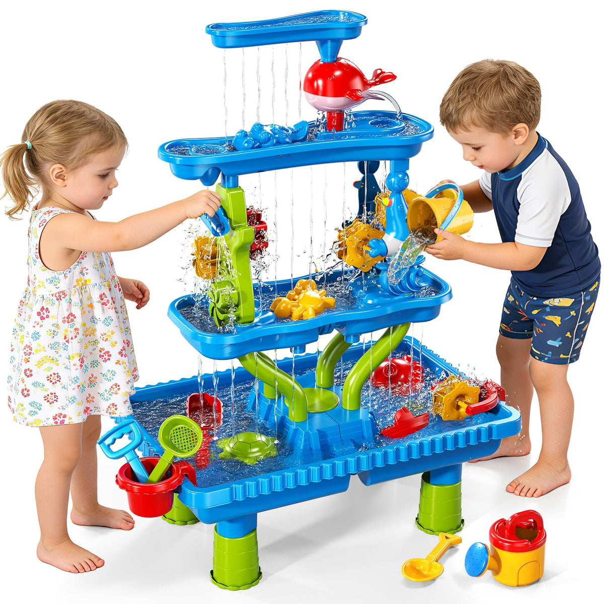 Xelabrion sand water table top view shows four-tier layout for shared play