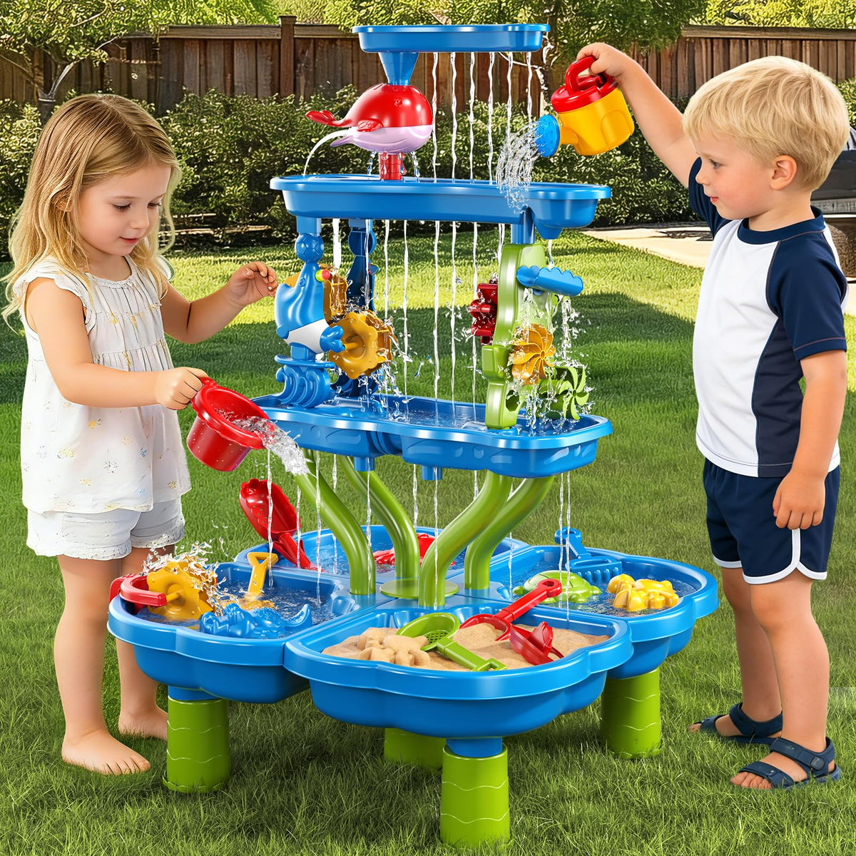 Xelabrion sand water table four‑tier layout expands simultaneous play areas