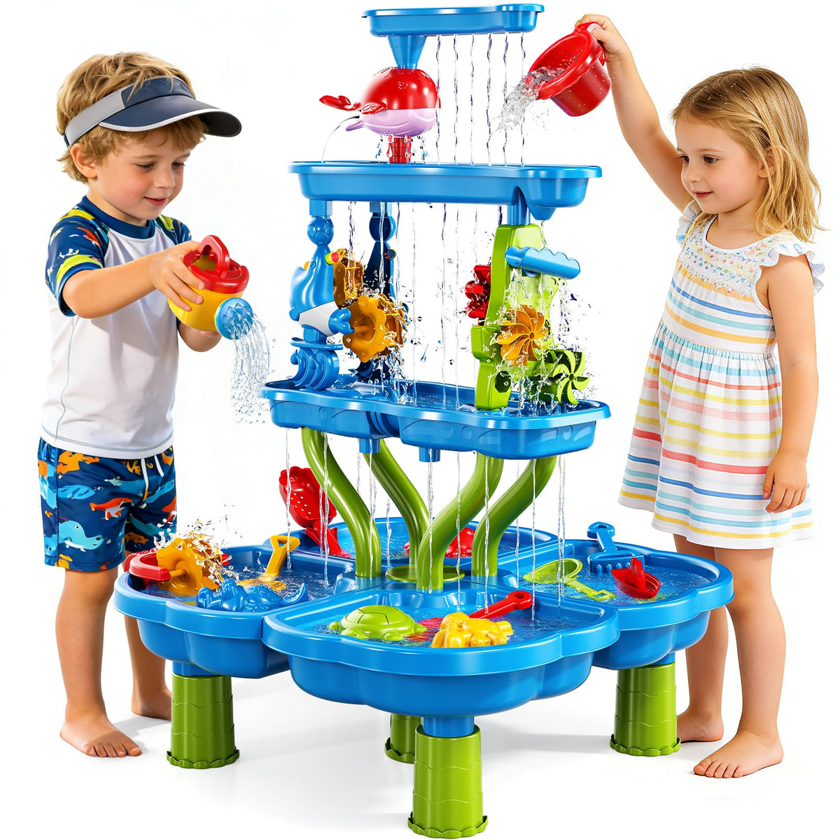 Xelabrion sand water table top view shows compact multi‑level play outdoors