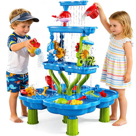 Xelabrion sand water table top view shows compact multi‑level play outdoors