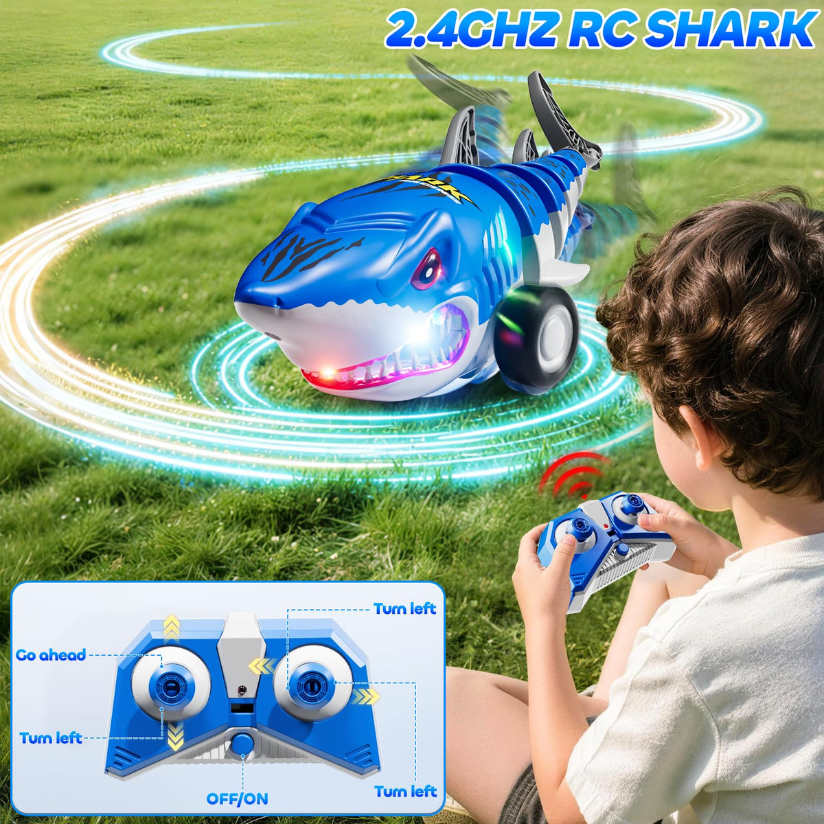 Xelabrion shark car with all-terrain tires suitable for indoor and outdoor use.