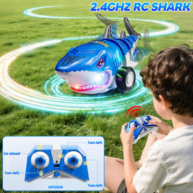 Xelabrion shark car with all-terrain tires suitable for indoor and outdoor use.
