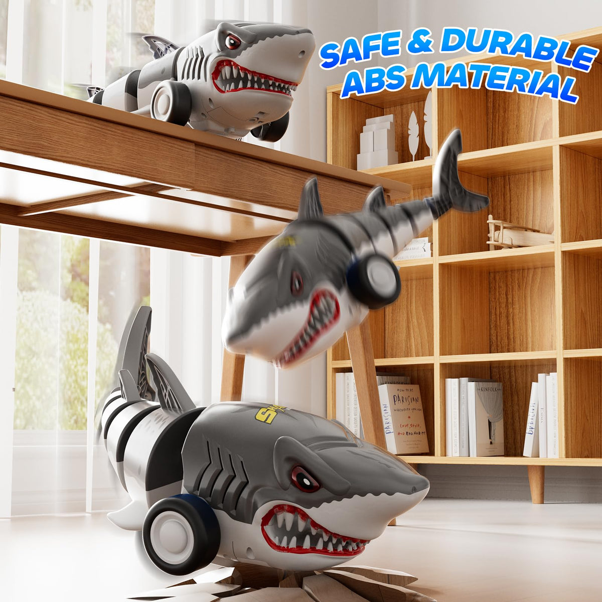 Xelabrion Shark RC Car all-terrain tires grip floors, grass, and sand.