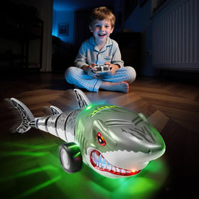 Xelabrion Shark RC Car body lights glow for visible, exciting nighttime action.