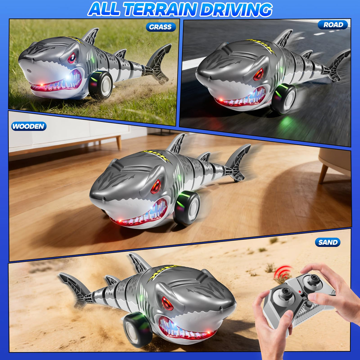 Xelabrion Shark RC Car rechargeable batteries extend playtime between charges.