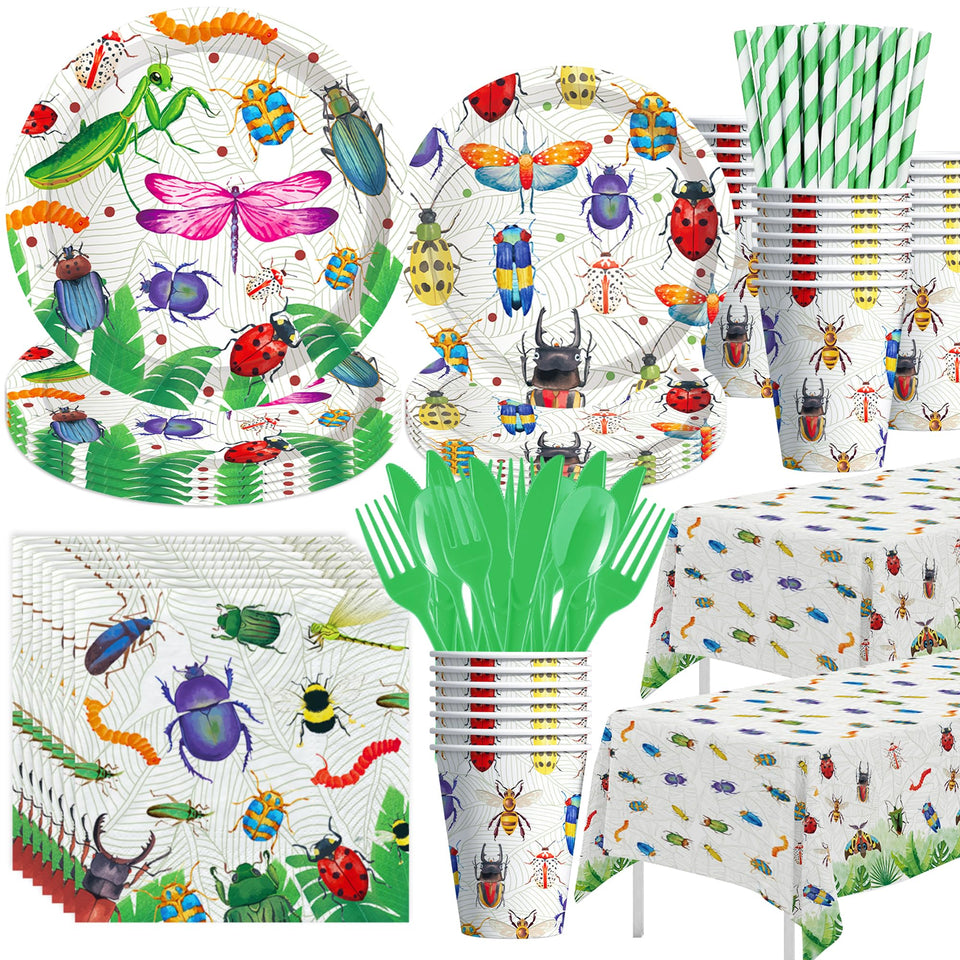 Xenorik bug birthday plates with bright insect designs for a festive party.