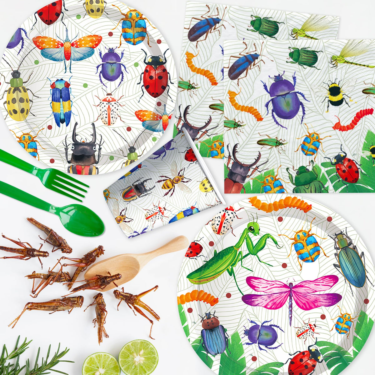Xenorik bug birthday tablecloth creating a cohesive nature-themed table.