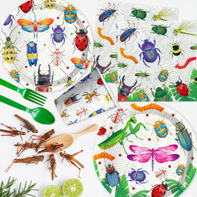 Xenorik bug birthday tablecloth creating a cohesive nature-themed table.