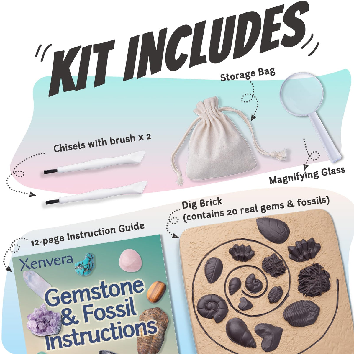 Xenvera Gemstone Dig Kit twin chisels and brushes enables simultaneous excavations.