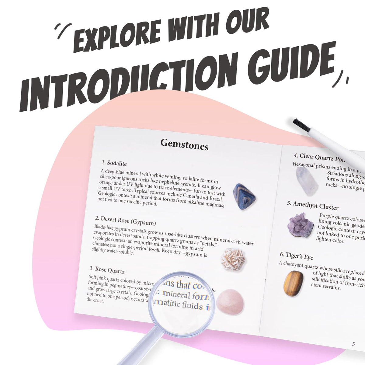 Xenvera Gemstone Dig Kit guide book and 12-page instructions aid identification.