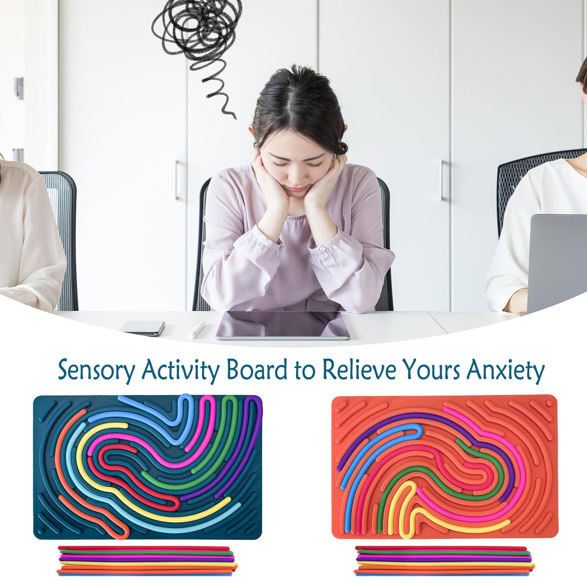 Xesakesi sensory activity board closeup with tactile buttons and strings for focus.