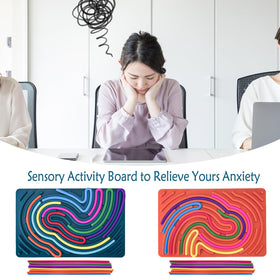 Xesakesi sensory activity board closeup with tactile buttons and strings for focus.