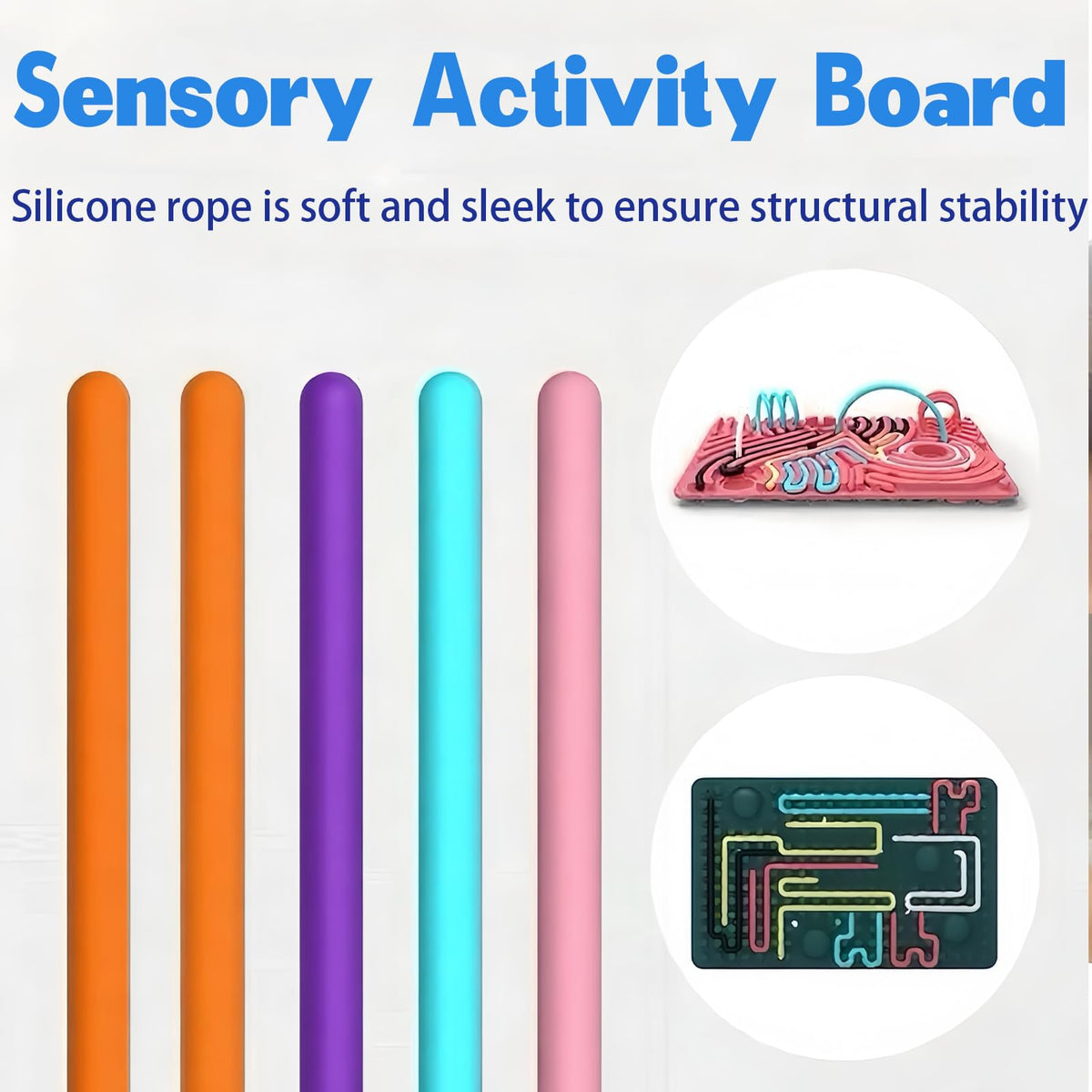 Xesakesi silicone board with 14 strings closeup, promotes dexterity and hand-eye coordination.