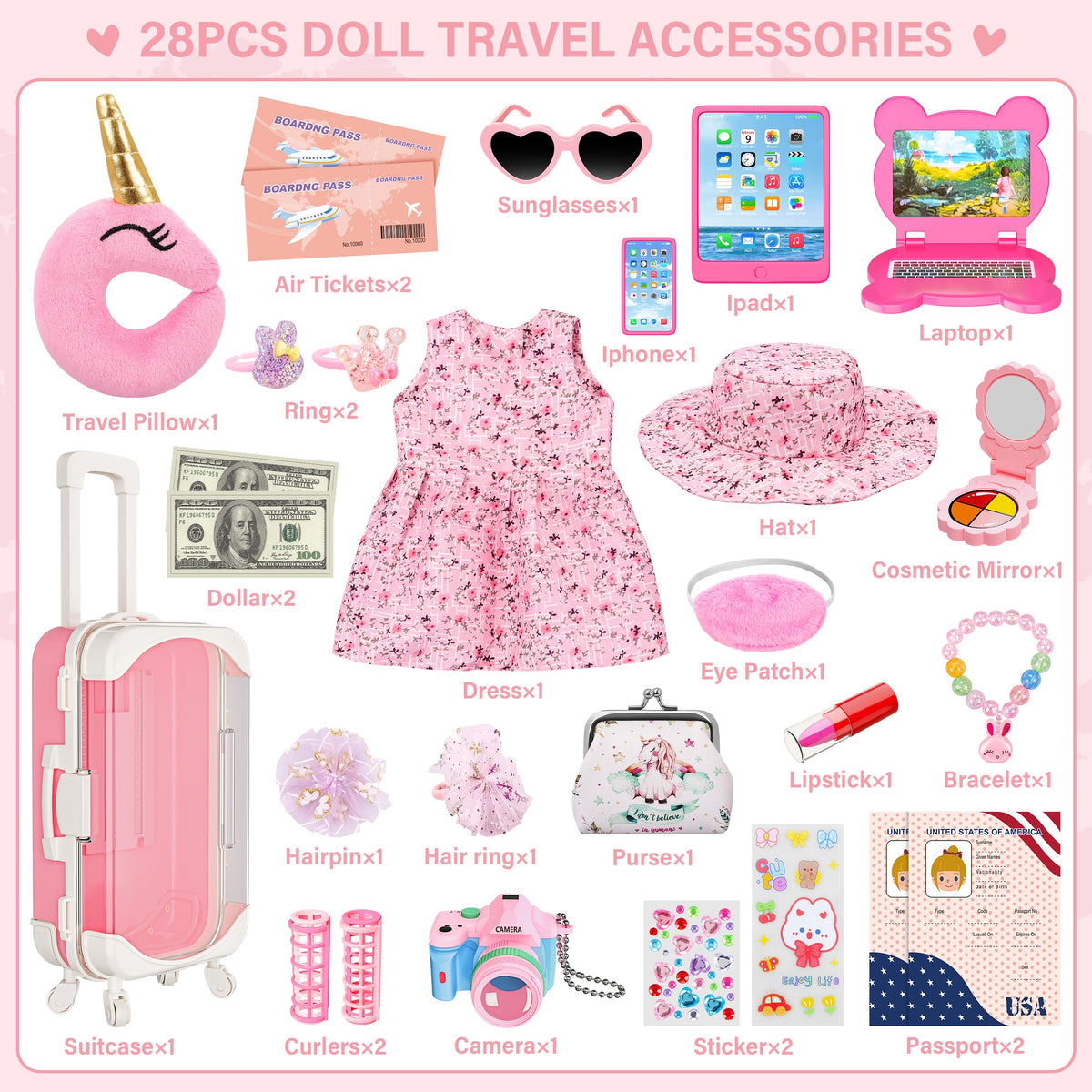 XFBB Doll Suitcase Travel Sets flower dress and accessories for stylish pretend travel