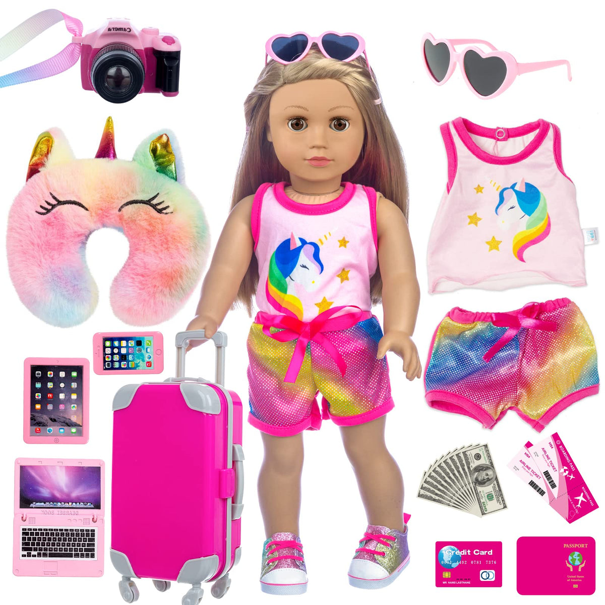 XFEYUE 18-inch doll travel suitcase with rotating wheels for realistic packing play.