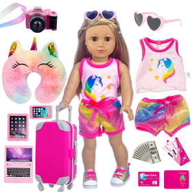 XFEYUE 18-inch doll travel suitcase with rotating wheels for realistic packing play.