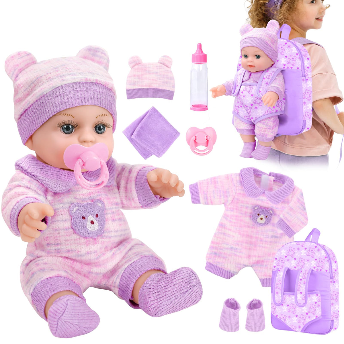 XFEYUE 12'' baby doll with bear backpack, perfect for imaginative play.