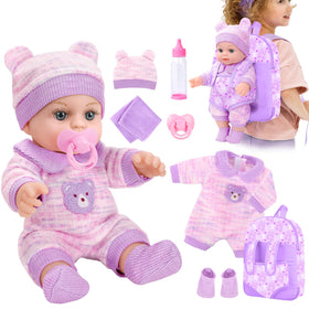XFEYUE 12'' baby doll with bear backpack, perfect for imaginative play.