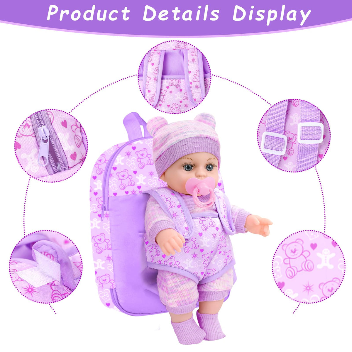 XFEYUE bear-pattern backpack worn by the doll for on-the-go fun.