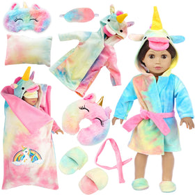 XFEYUE rainbow unicorn sleepwear for 18-inch dolls, ideal dress-up fun