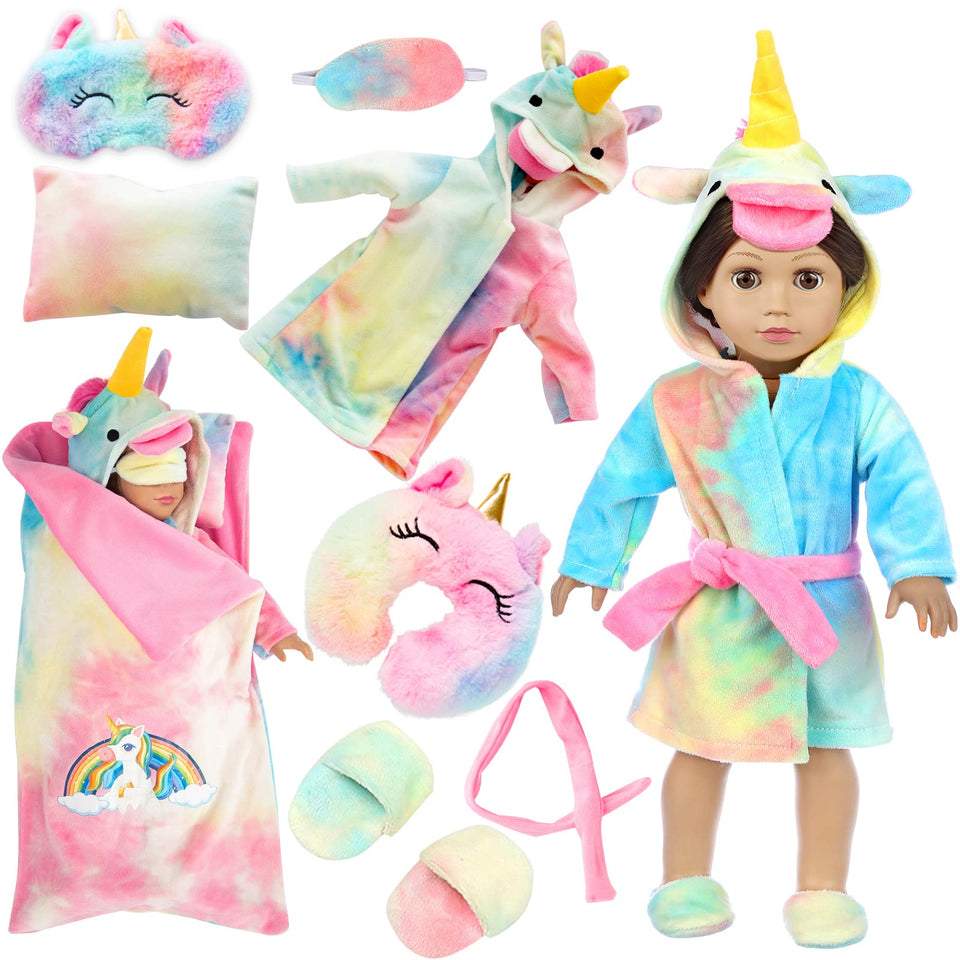 XFEYUE rainbow unicorn sleepwear for 18-inch dolls, ideal dress-up fun