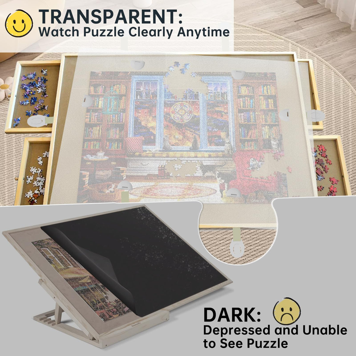 XGKHOM puzzle cover mat on a 34x26 table shows 1500-piece compatibility.
