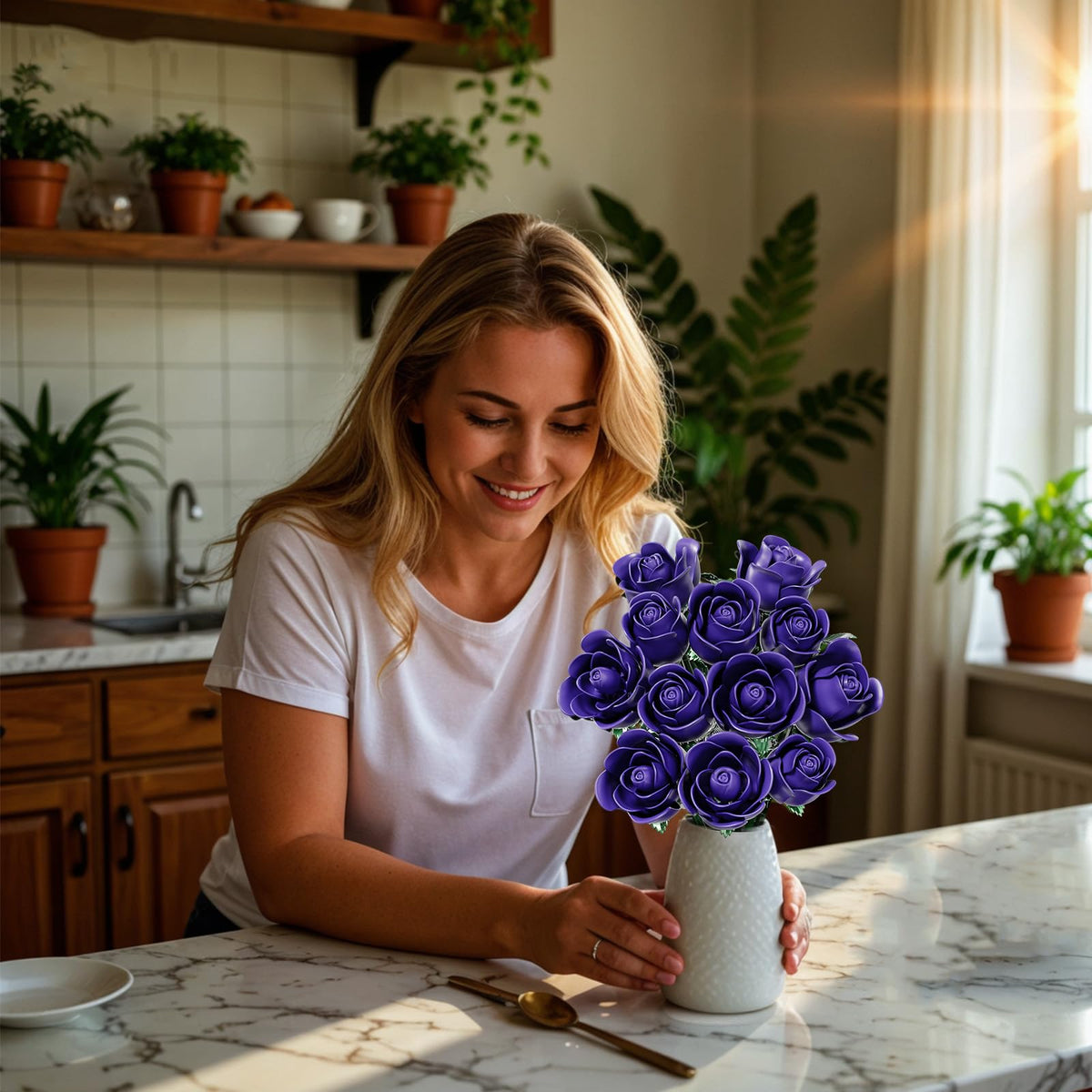 XGSHJ purple rose bouquet stages highlighting three petal varieties for lifelike look