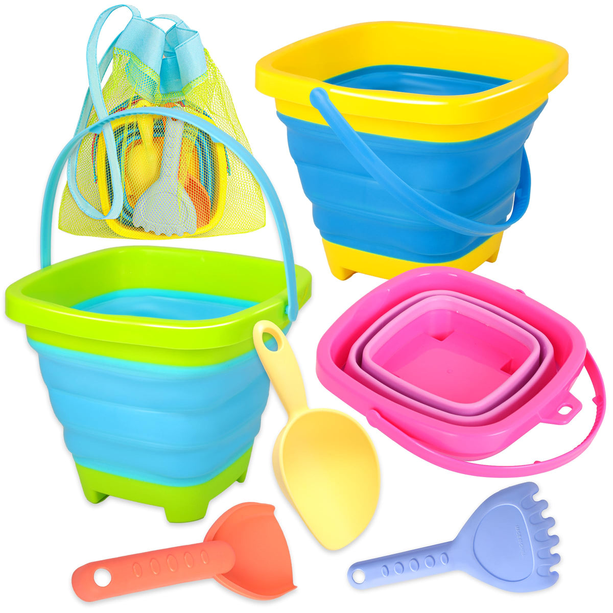 Xgunion collapsible beach bucket 3-pack open set for easy beach play and portability.