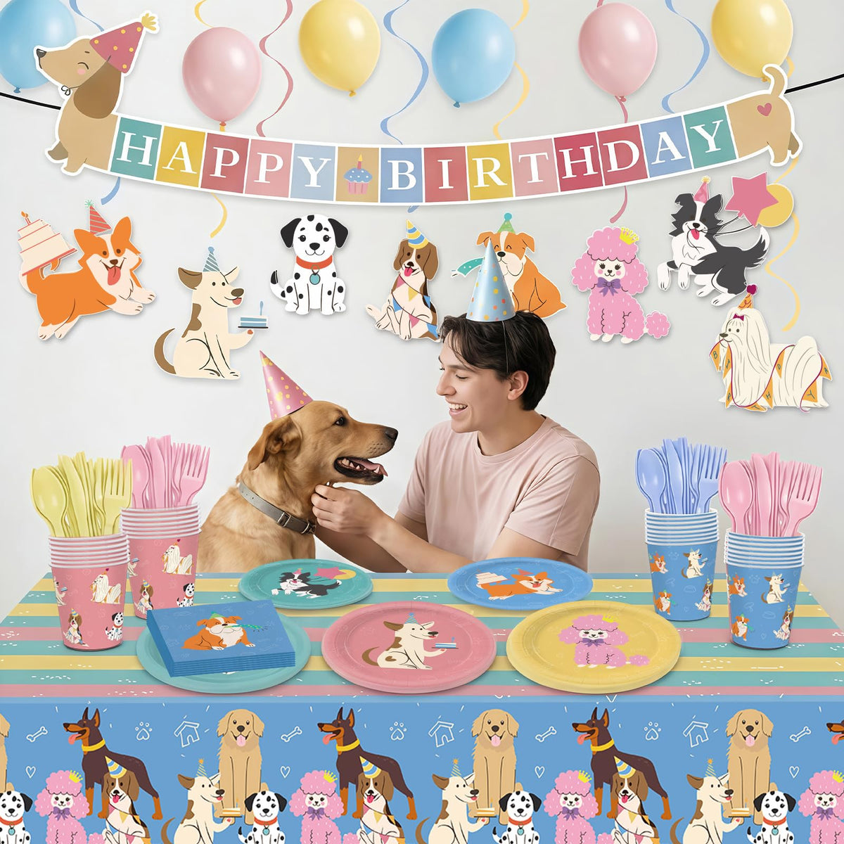 XIENBLOC Retro Puppy banner highlights birthday celebrations with cheerful typography.