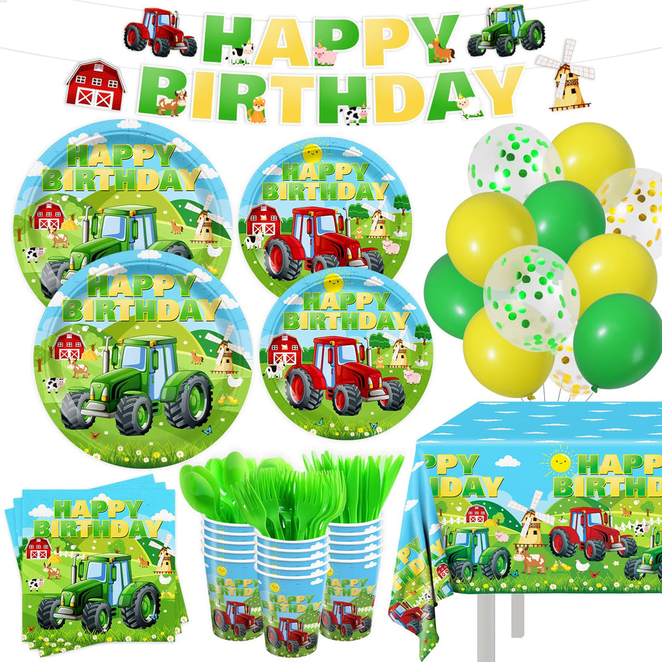 XIENBLOC tractor party plates for 24 guests with vibrant farm design.