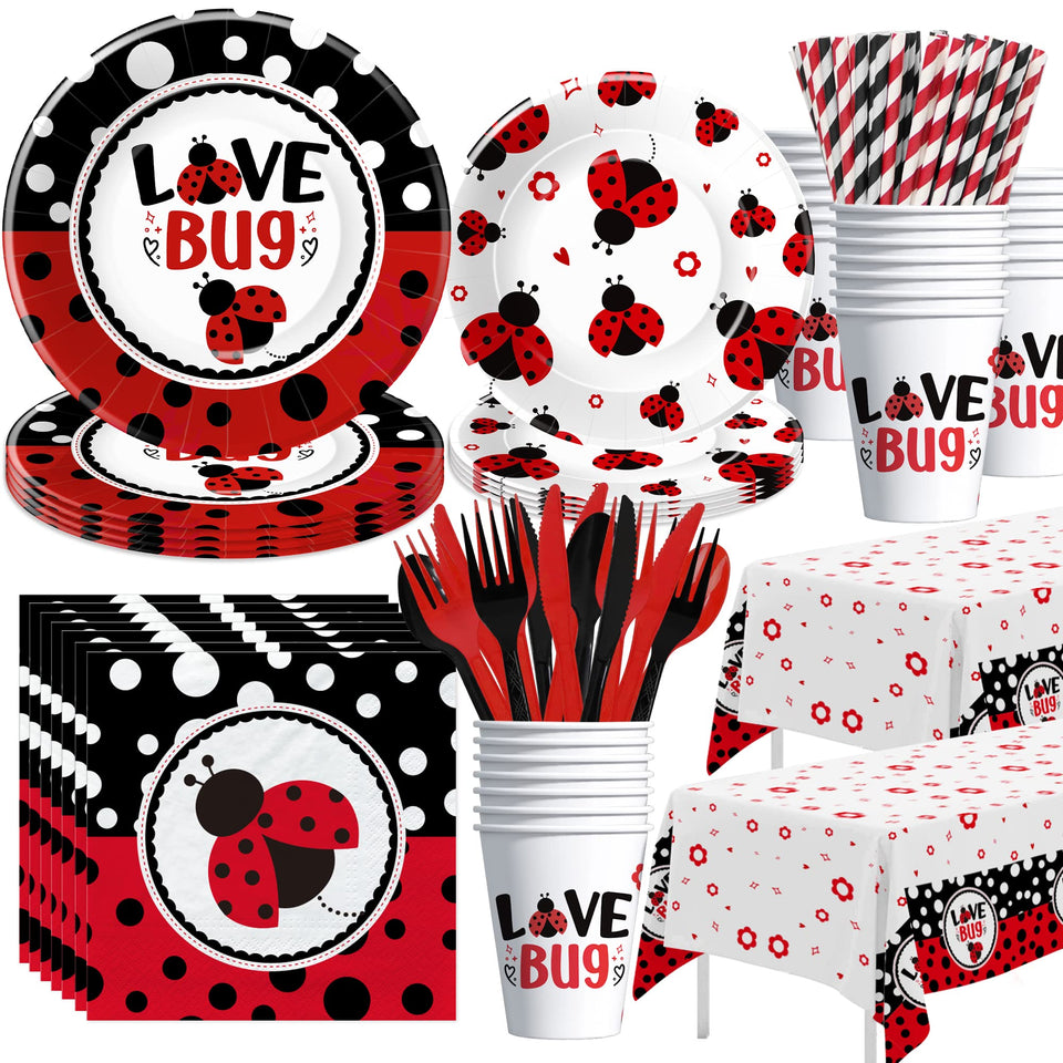Xigejob Ladybug dinner plates with bright red and black polka dots for festive birthdays