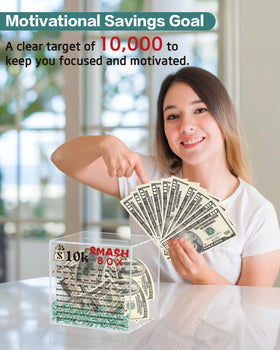 Xiheer 10k Smash Box cash stacks illustrate milestones toward savings.