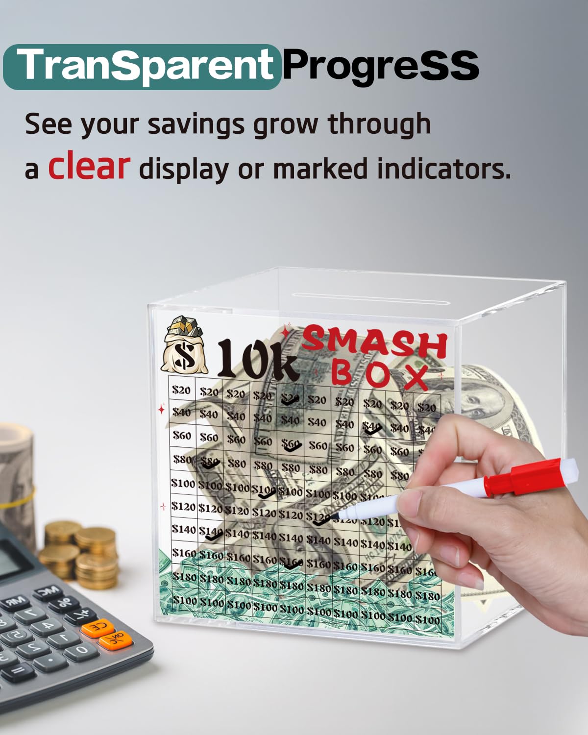 Xiheer 10k Smash Box clear acrylic panel reveals growing cash stacks.