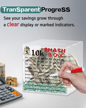Xiheer 10k Smash Box clear acrylic panel reveals growing cash stacks.