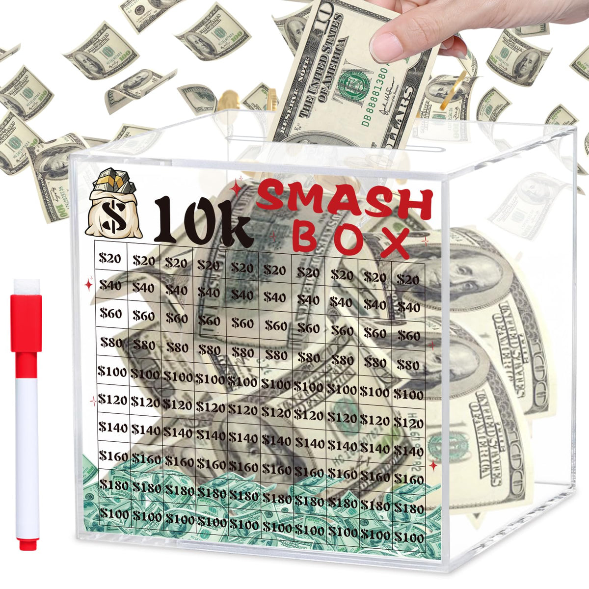Xiheer 10k Smash Box front view showcases clear acrylic progress toward a $10K goal.