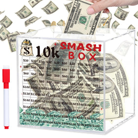 Xiheer 10k Smash Box front view showcases clear acrylic progress toward a $10K goal.