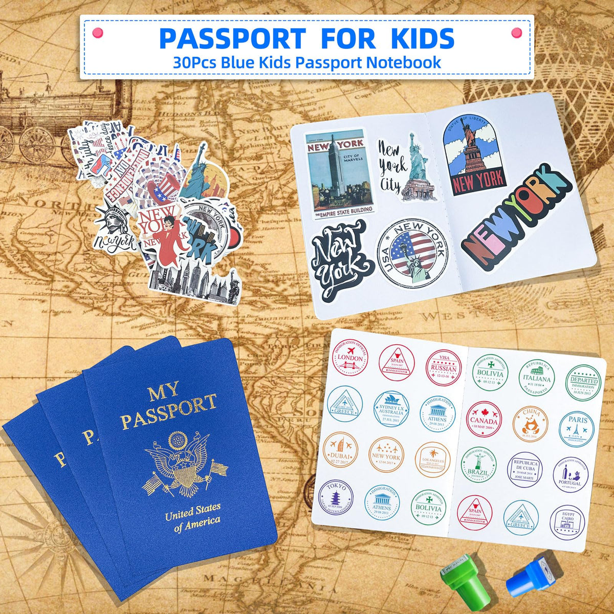 XIISVINT passport notebook pages open, smooth writing surface for crayons and markers