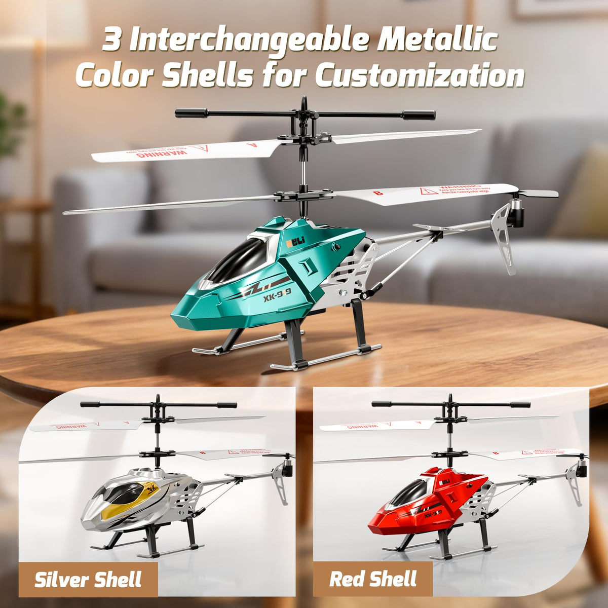 XIKOTEC RC helicopter LED lights illuminate indoor play sessions.
