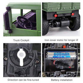 XINGRUI 1:18 RC military truck LED headlights enhance nighttime missions
